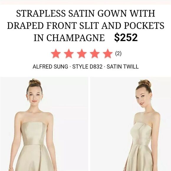 Alfred Sung Strapless Satin Gown Draped Front Slit Pockets Champagne 6 - Picture 13 of 14